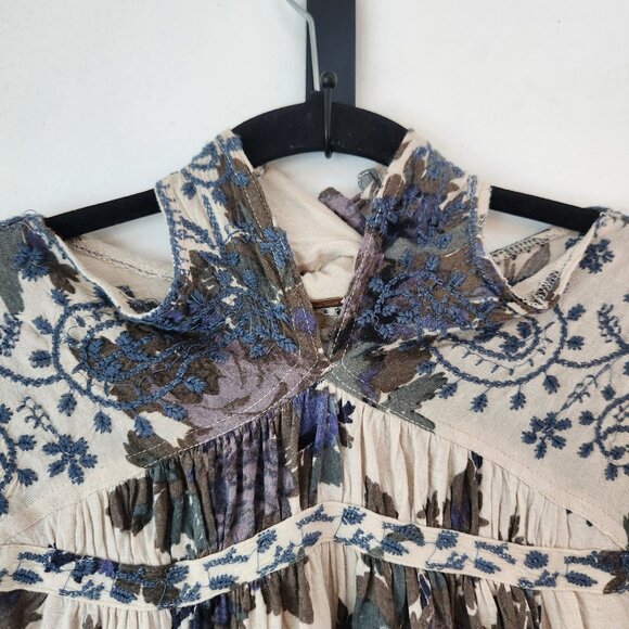 Free People Floral Halter Boho Blouse Top Shirt Peasant Linen Blend Women's M - Picture 3 of 9